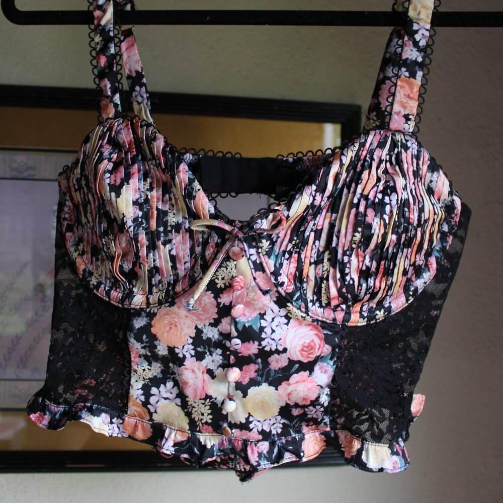 For Love and Lemons Bra Top Bustier Lace Black with Floral Patterns Large